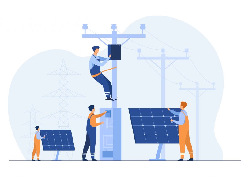 Solar power plant maintenance. Utility workers repairing electric installations, boxes on towers under power lines. For electric network operation, city service, renewable energy topics